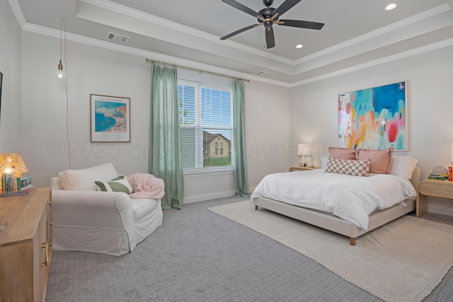 8100 Pensacola Ave, Amarillo, TX 79118 - bedroom with a raised ceiling, ornamental molding, recessed lighting, light colored carpet, and a ceiling fan