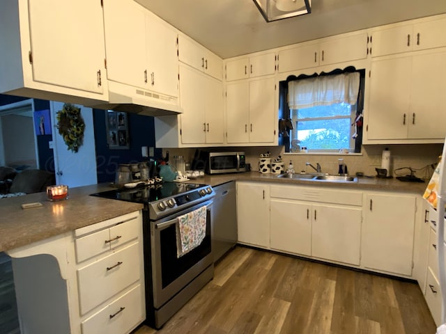 kitchen with sink, appliances with stainless steel finishes, white cabinetry, dark hardwood / wood-style floors, and tasteful backsplash