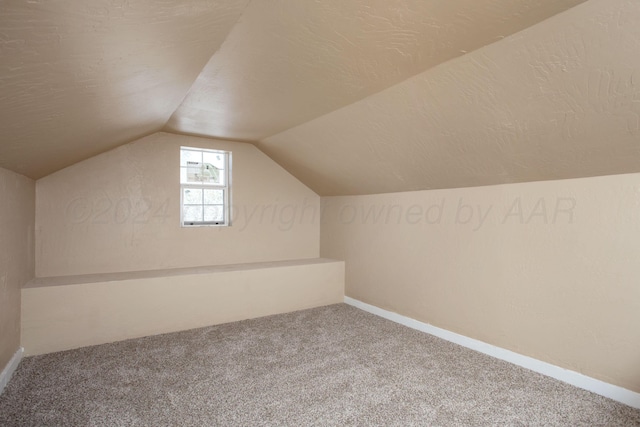 bonus room with carpet, vaulted ceiling, and a textured ceiling