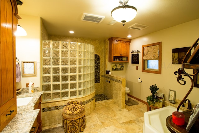 bathroom with a shower, vanity, and toilet