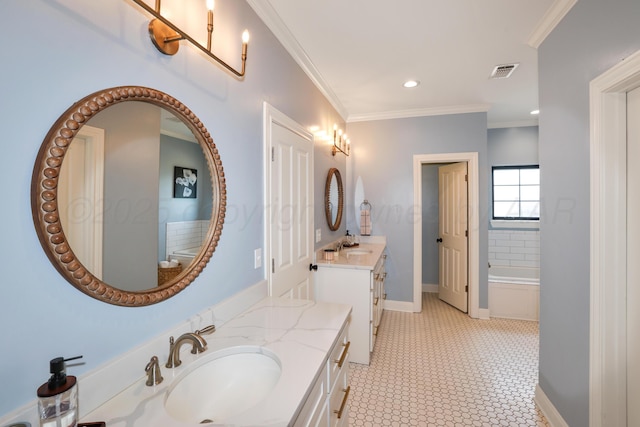 13050 Wilderness Trl, Amarillo, TX 79118 - full bathroom with two vanities, baseboards, ornamental molding, a tub to relax in, and recessed lighting
