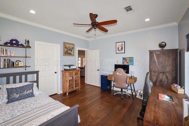 13050 Wilderness Trl, Amarillo, TX 79118 - bedroom with a desk, ornamental molding, dark wood-style flooring, recessed lighting, and ceiling fan