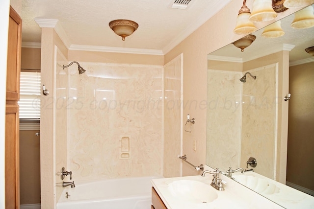 411 E 6th St, Hereford, TX 79045 - bathroom with shower / bathtub combination, vanity, and crown molding