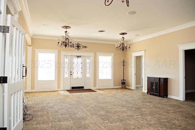 411 E 6th St, Hereford, TX 79045 - carpeted entryway featuring a chandelier, ornamental molding, and baseboards
