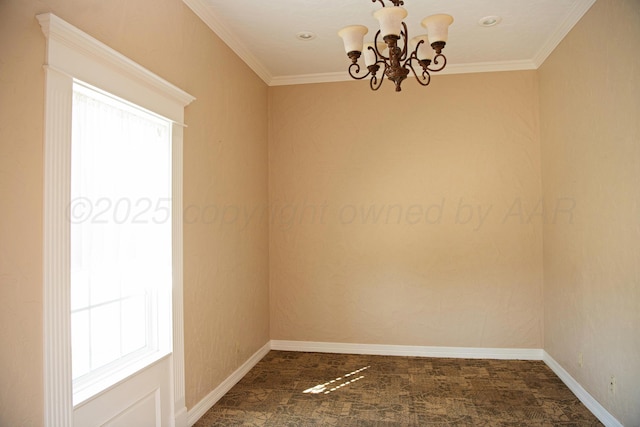 411 E 6th St, Hereford, TX 79045 - carpeted empty room with a chandelier, ornamental molding, and baseboards