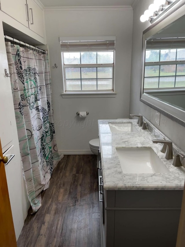 full bath with a sink, a wealth of natural light, and wood finished floors