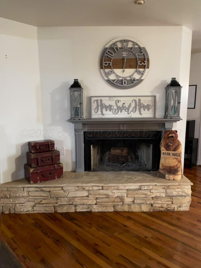 room details featuring a stone fireplace and wood finished floors