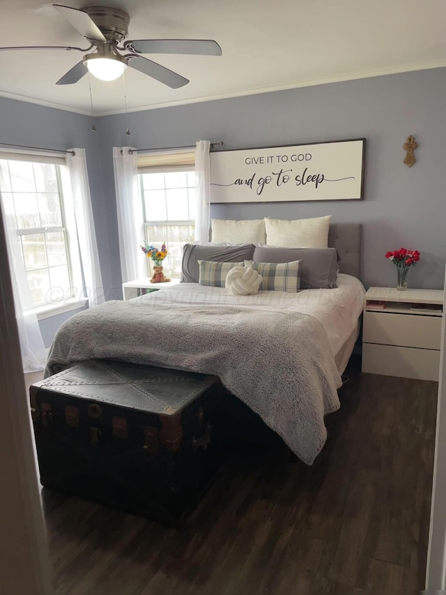 bedroom featuring crown molding, wood finished floors, and a ceiling fan