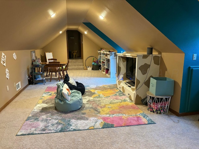 7 Pebble Beach Ct, Amarillo, TX 79124 - game room featuring carpet, vaulted ceiling, and baseboards