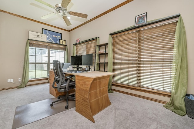 7 Pebble Beach Ct, Amarillo, TX 79124 - home office featuring carpet, crown molding, ceiling fan, and baseboards