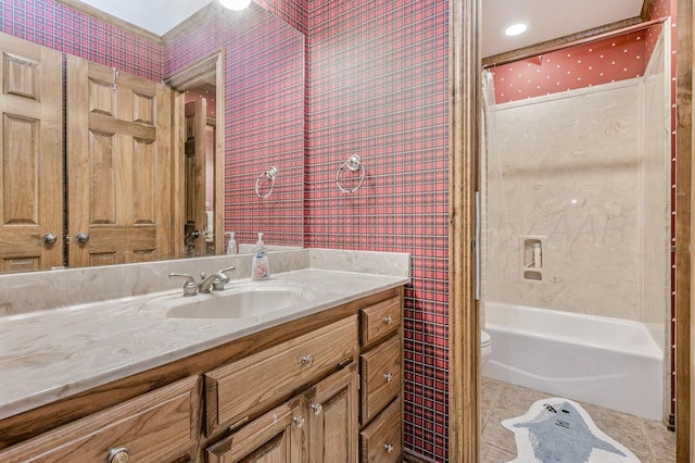 7 Pebble Beach Ct, Amarillo, TX 79124 - bathroom with vanity, tile patterned flooring, toilet, wallpapered walls, and shower / washtub combination