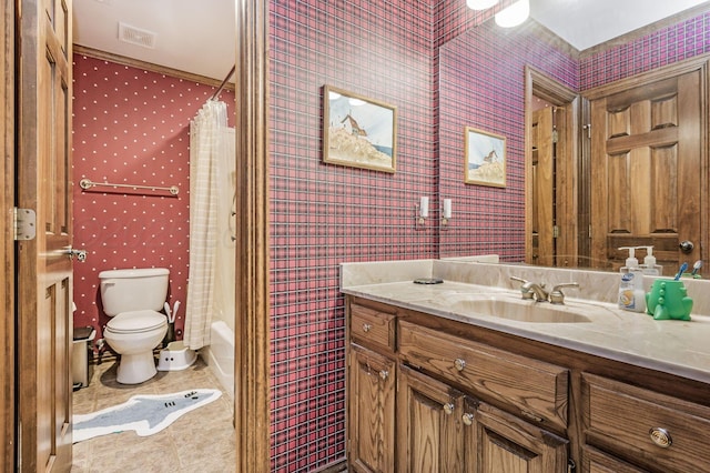 7 Pebble Beach Ct, Amarillo, TX 79124 - bathroom featuring vanity, wallpapered walls, toilet, shower / bathtub combination with curtain, and tile patterned floors