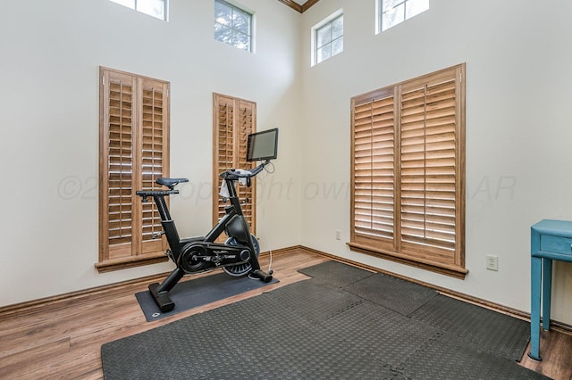 7 Pebble Beach Ct, Amarillo, TX 79124 - workout room featuring wood finished floors, a high ceiling, and baseboards