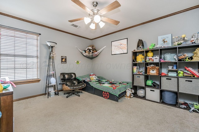 7 Pebble Beach Ct, Amarillo, TX 79124 - carpeted bedroom with ornamental molding, baseboards, and ceiling fan