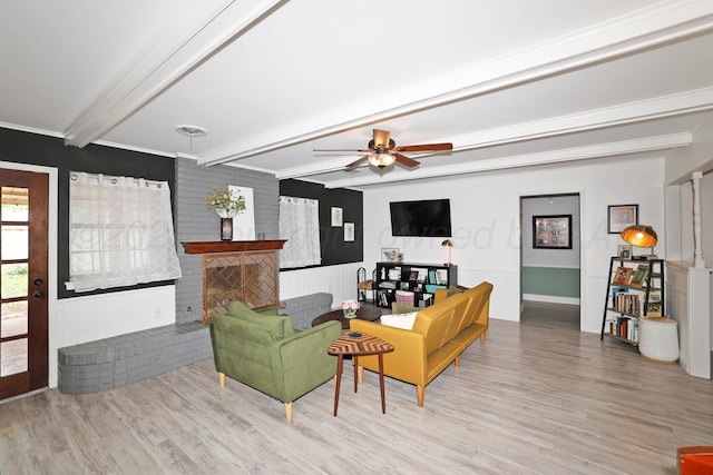 6006 Elmhurst Rd, Amarillo, TX 79106 - living area with beam ceiling, wood finished floors, a ceiling fan, and baseboards