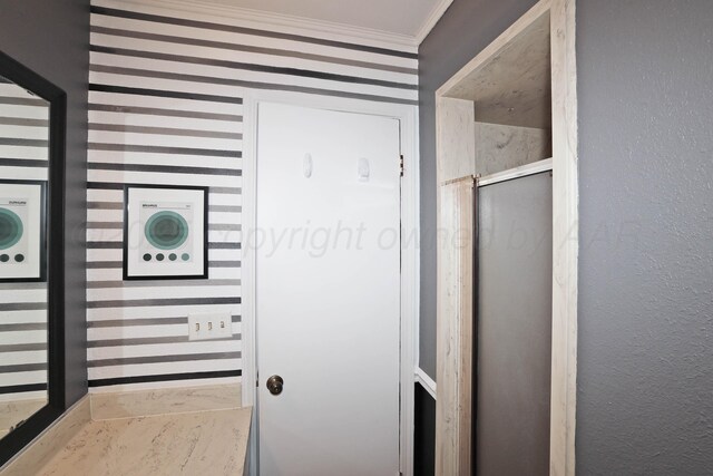 6006 Elmhurst Rd, Amarillo, TX 79106 - hallway featuring ornamental molding and a textured wall