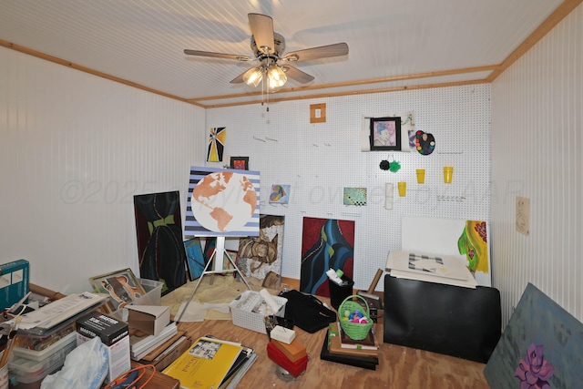 6006 Elmhurst Rd, Amarillo, TX 79106 - office area featuring a ceiling fan, wood finished floors, and crown molding