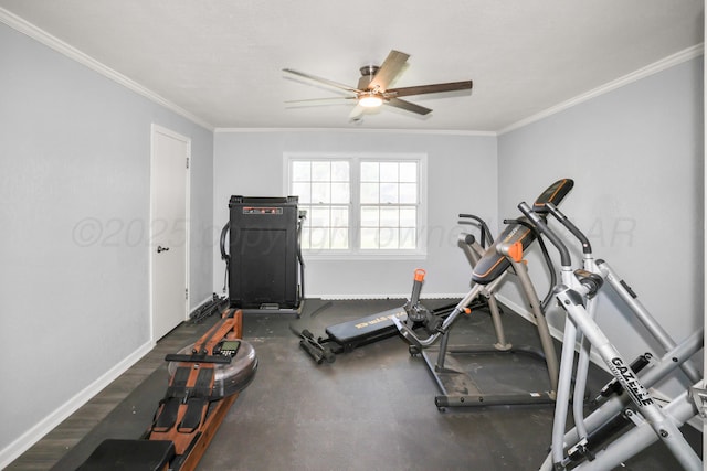 620 N Main St, Stratford, TX 79084 - exercise area with a ceiling fan, crown molding, and baseboards