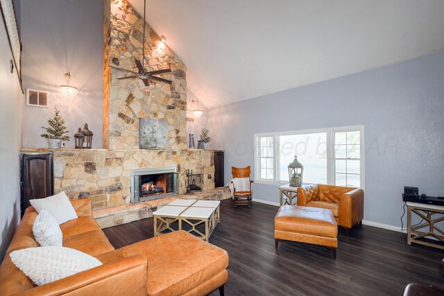 620 N Main St, Stratford, TX 79084 - living area featuring baseboards, a fireplace, high vaulted ceiling, dark wood finished floors, and ceiling fan