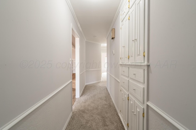 hallway featuring ornamental molding and light colored carpet