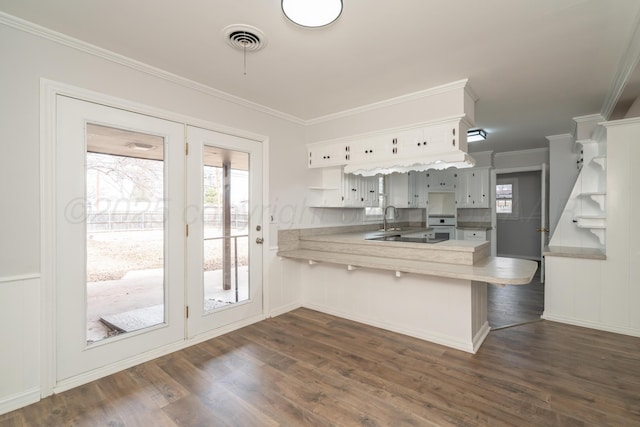 kitchen featuring white cabinetry, a breakfast bar area, ornamental molding, and kitchen peninsula