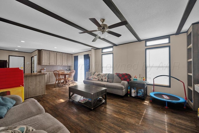 living room with beamed ceiling, ceiling fan, dark wood-type flooring, and a textured ceiling