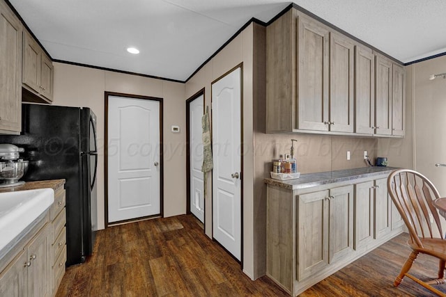 kitchen with black refrigerator, dark wood-type flooring, and light brown cabinetry