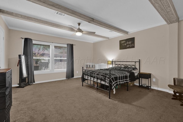 2004 Pheasant Ln, Amarillo, TX 79118 - bedroom with carpet, beamed ceiling, and ceiling fan