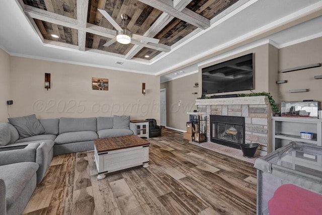2004 Pheasant Ln, Amarillo, TX 79118 - living room with ceiling fan, wood finished floors, coffered ceiling, ornamental molding, and beamed ceiling