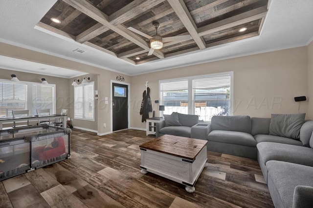 2004 Pheasant Ln, Amarillo, TX 79118 - living room featuring coffered ceiling, a ceiling fan, ornamental molding, wood finished floors, and beam ceiling