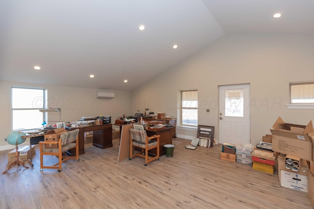 8801 Sharman Loop, Amarillo, TX 79124 - office featuring lofted ceiling, light wood-style floors, a wall mounted air conditioner, baseboards, and recessed lighting