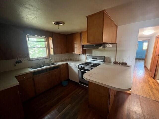 819 Ave N, Sunray, TX 79086 - kitchen featuring stainless steel stove, under cabinet range hood, dark wood-style flooring, a peninsula, and light countertops