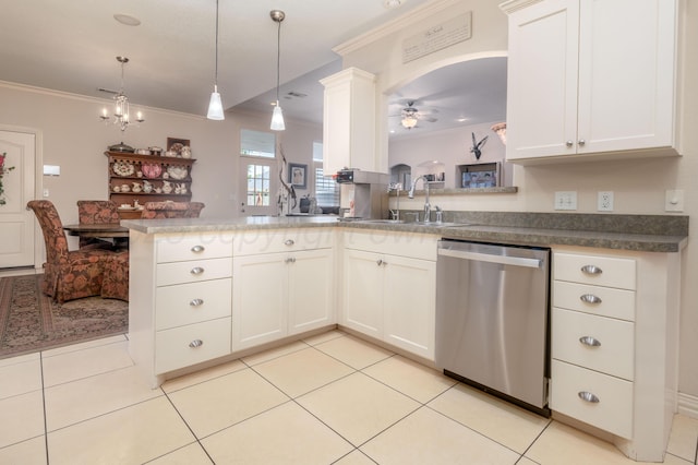 5007 Wesley Rd, Amarillo, TX 79119 - kitchen with dishwasher, ornamental molding, ceiling fan, light tile patterned floors, and pendant lighting