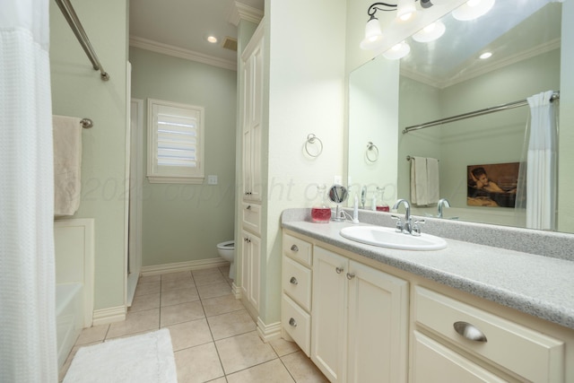 5007 Wesley Rd, Amarillo, TX 79119 - full bath with ornamental molding, tile patterned floors, vanity, and shower / bathtub combination with curtain