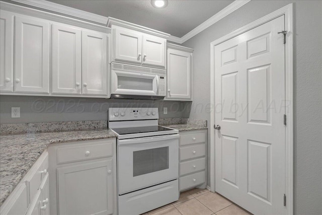 3610 S Mirror St, Amarillo, TX 79118 - kitchen with white appliances, ornamental molding, white cabinetry, light tile patterned floors, and light stone counters