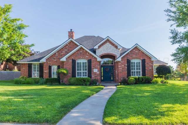 6600 Pepper Tree Pl, Amarillo, TX 79124 - view of front of home with a chimney, a front yard, brick siding, a shingled roof, and stone siding