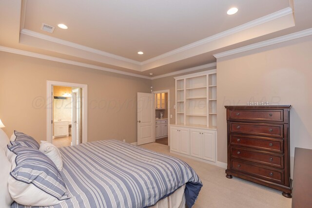 6600 Pepper Tree Pl, Amarillo, TX 79124 - bedroom with a tray ceiling, light colored carpet, ornamental molding, and recessed lighting
