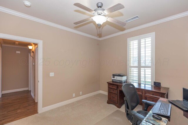 6600 Pepper Tree Pl, Amarillo, TX 79124 - office featuring plenty of natural light, ceiling fan, crown molding, and light colored carpet