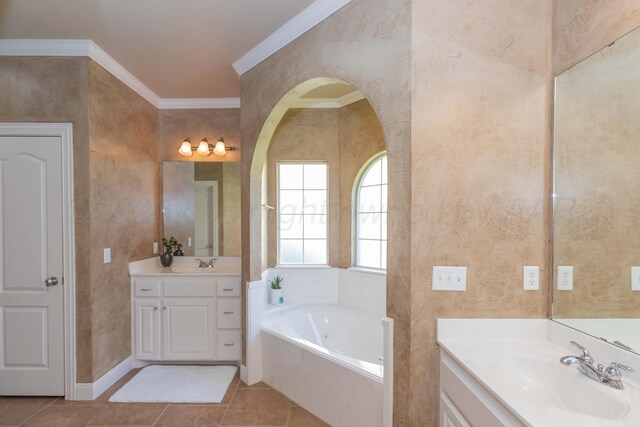 6600 Pepper Tree Pl, Amarillo, TX 79124 - full bath featuring a jetted tub, ornamental molding, two vanities, and tile patterned flooring