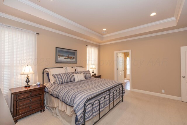 6600 Pepper Tree Pl, Amarillo, TX 79124 - bedroom featuring a tray ceiling, light colored carpet, crown molding, recessed lighting, and connected bathroom