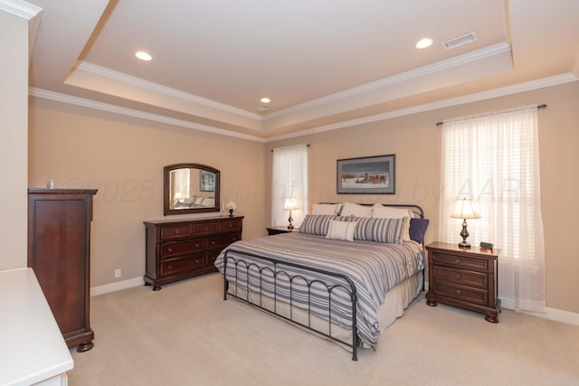 6600 Pepper Tree Pl, Amarillo, TX 79124 - bedroom with a raised ceiling, light colored carpet, multiple windows, crown molding, and recessed lighting