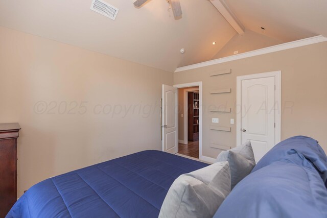 6600 Pepper Tree Pl, Amarillo, TX 79124 - bedroom featuring beam ceiling, ceiling fan, wood finished floors, and high vaulted ceiling