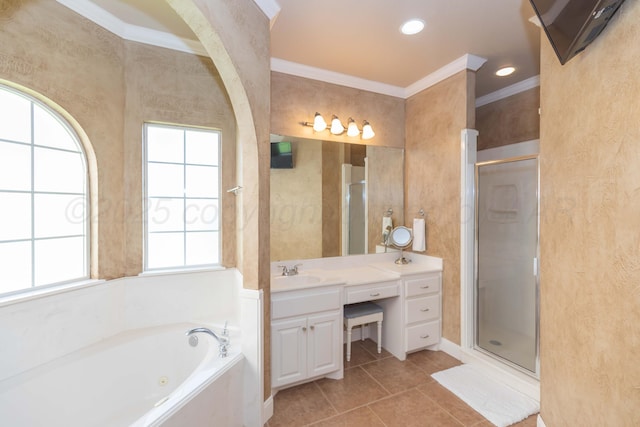 6600 Pepper Tree Pl, Amarillo, TX 79124 - full bathroom with vanity, a whirlpool tub, a shower stall, crown molding, and tile patterned floors