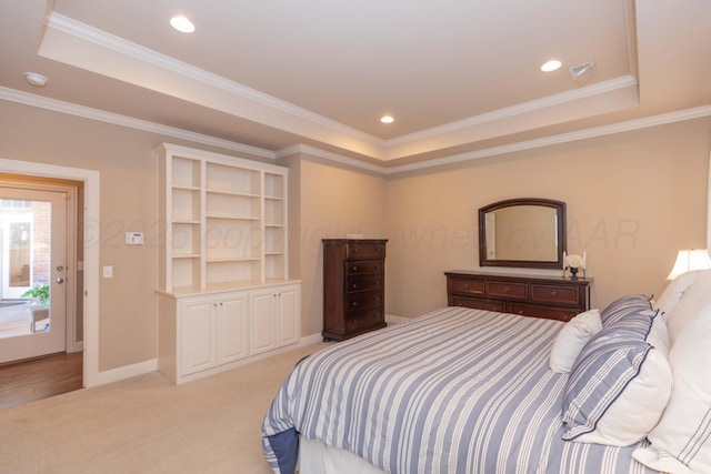 6600 Pepper Tree Pl, Amarillo, TX 79124 - bedroom featuring a tray ceiling, crown molding, recessed lighting, and light colored carpet