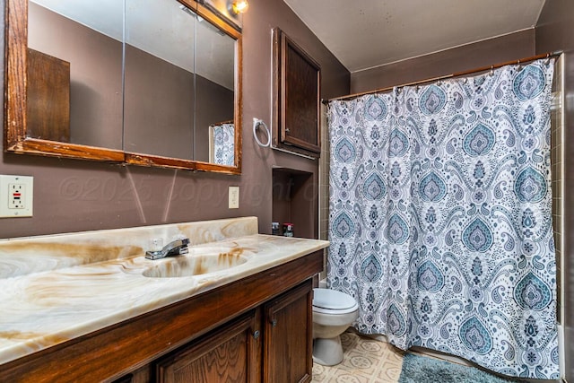 bathroom featuring a shower with curtain, toilet, and vanity