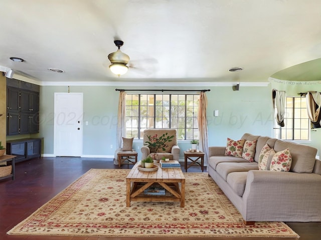 living room with crown molding