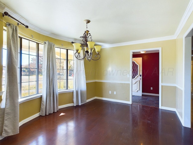 unfurnished dining area featuring a chandelier, dark hardwood / wood-style floors, and ornamental molding