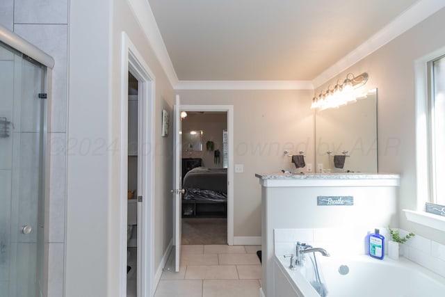 1738 Wesleyan St, Amarillo, TX 79118 - bathroom with vanity, plus walk in shower, tile patterned flooring, and ornamental molding