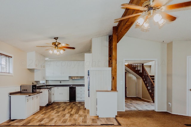 kitchen with light hardwood / wood-style floors, ceiling fan, white cabinetry, and vaulted ceiling