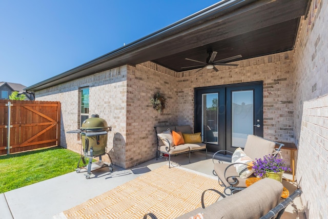 6900 Tatum Cir, Amarillo, TX 79119 - view of patio / terrace featuring ceiling fan, grilling area, french doors, and a gate